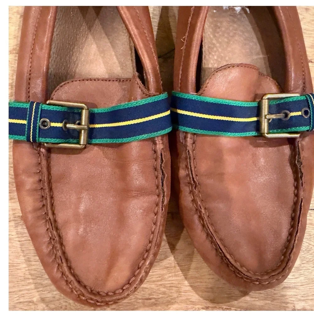 Polo Ralph Lauren Mens Brown Leather  Loafers Striped Buckle Strap